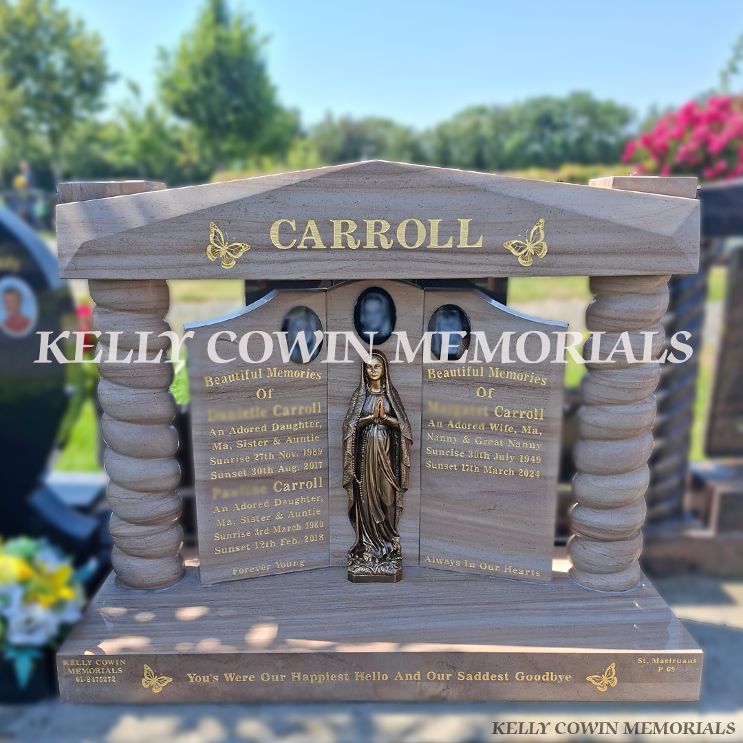 Woodlawn Gates of Heaven headstone with granite cap, twisted pillars, bronze Our Lady statue, three black oval laser portrait photos and gold leaf inscription installed in Newlands Cross Cemetery by Kelly Cowin Memorials.