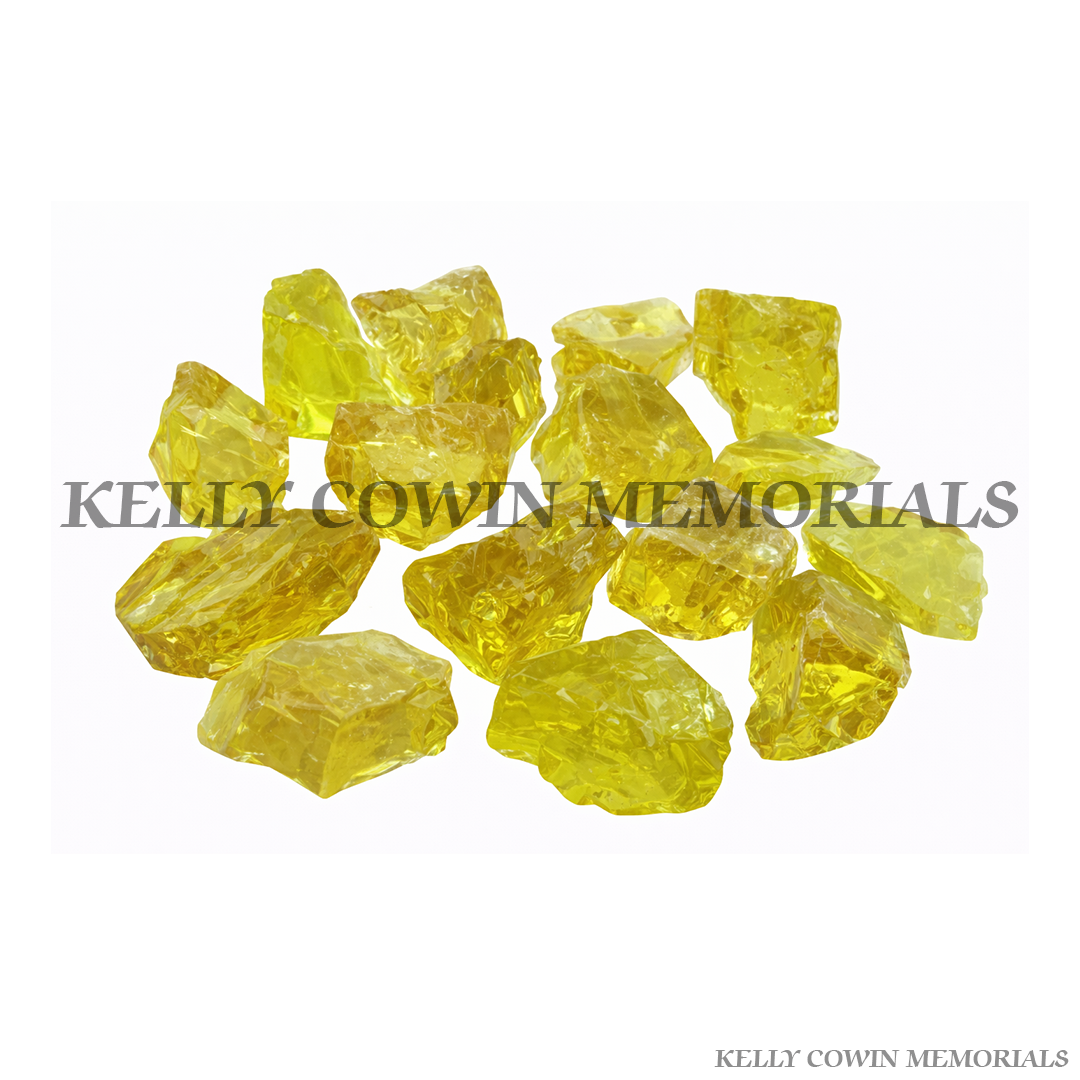 Yellow glass chippings for grave memorial supplied in Dublin by Kelly Cowin Memorials with nationwide delivery across Ireland.