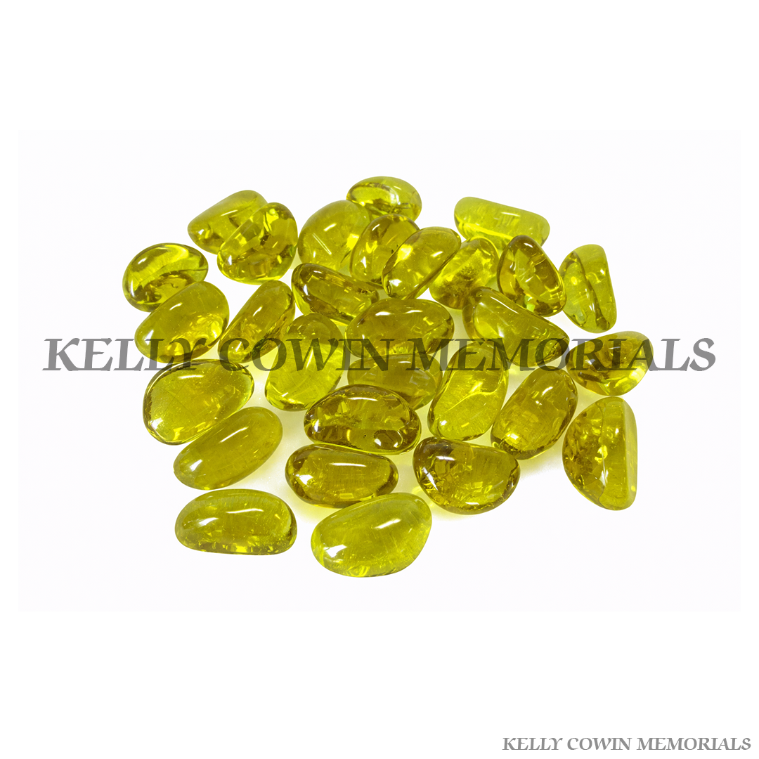 Yellow polished beads for grave memorial supplied in Dublin by Kelly Cowin Memorials with nationwide delivery across Ireland.
